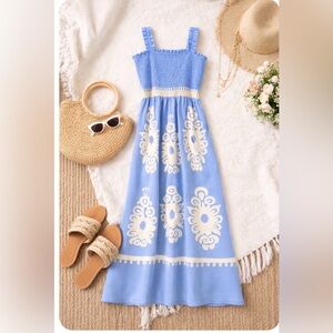 NWT PrettyGarden Blue & Cream Smocked Maxi Dress – Size Small